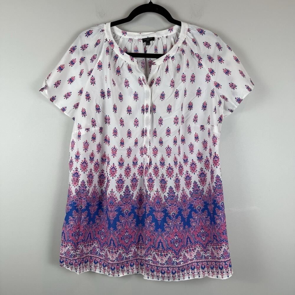 Talbots Top Womens X Multi Floral Short Sleeve Popover Tunic Artsy Colorful Boho